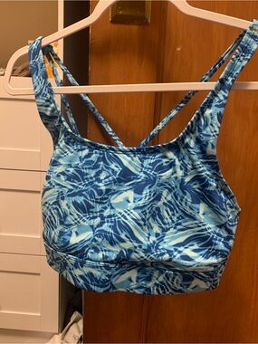 Humankind Bright Blue Swim Top with Patterned Trim, cross-cross back.